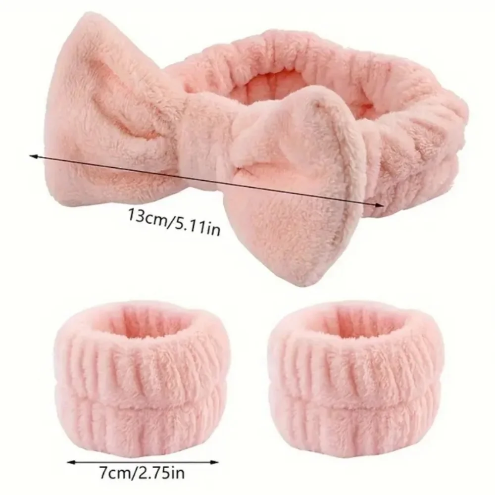 3pc Bow Spa Headband Wristbands Set Fluffy Skincare Face Washing Makeup